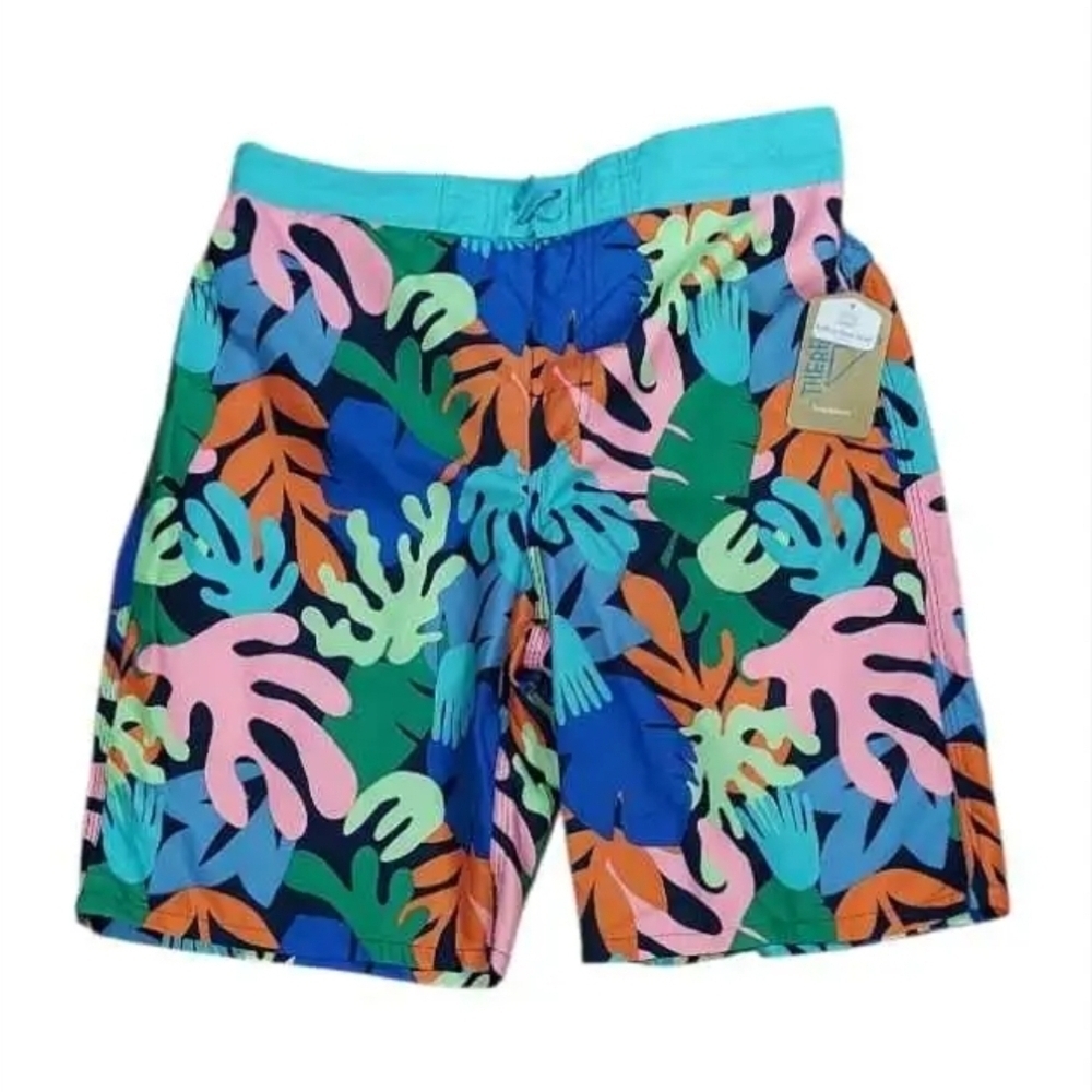 NWT Boys Turquoise Tropical Print Swim Trunks with BUILT IN BOXER ~XL 18/20